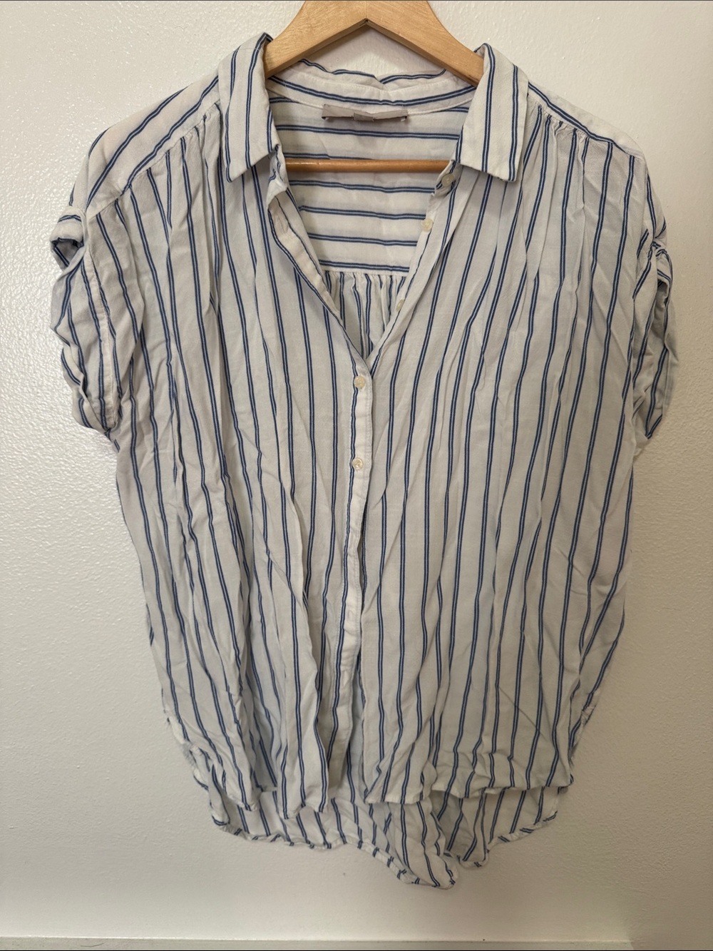 LOFT White Button-Down Shirt with Blue Stripes